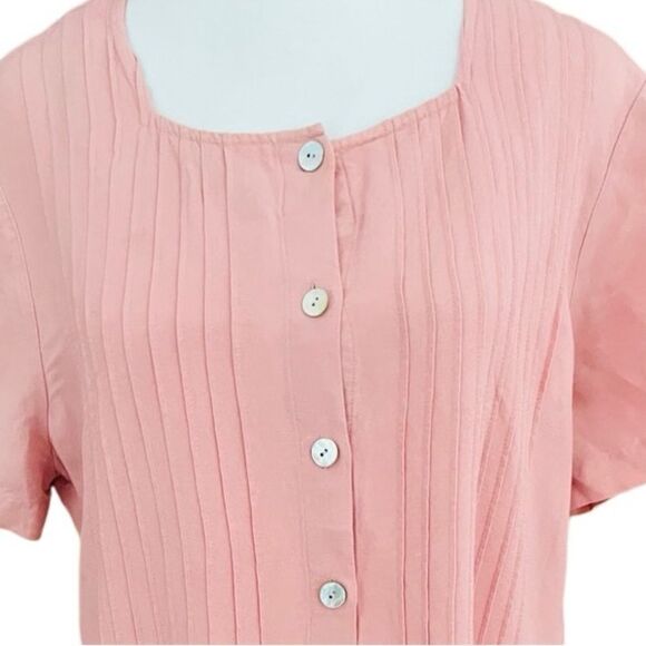 ORVIS Pink Oyster Shell Button Square Neckline Pleated Bodice Linen Dress Sz PL - Picture 3 of 7
